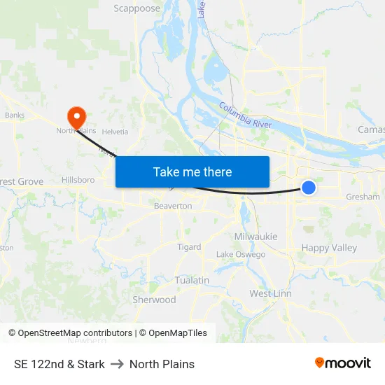 SE 122nd & Stark to North Plains map