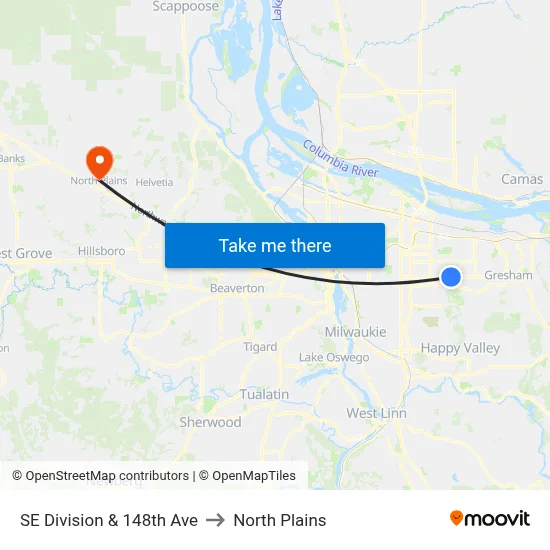SE Division & 148th Ave to North Plains map