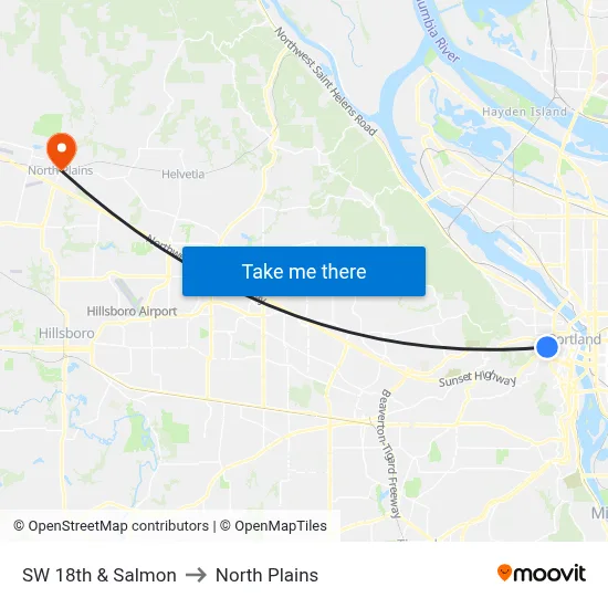 SW 18th & Salmon to North Plains map