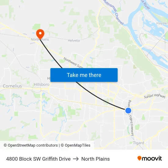 4800 Block SW Griffith Drive to North Plains map