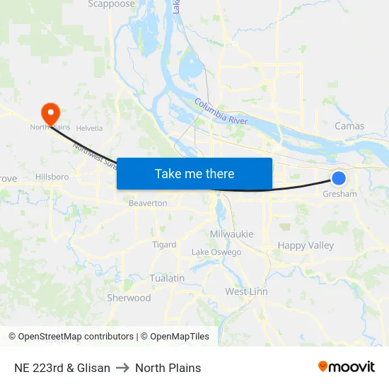 NE 223rd & Glisan to North Plains map