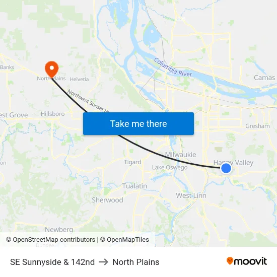 SE Sunnyside & 142nd to North Plains map