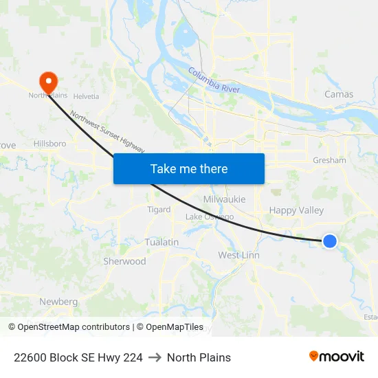 22600 Block SE Hwy 224 to North Plains map