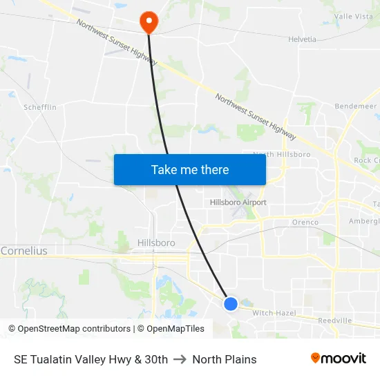 SE Tualatin Valley Hwy & 30th to North Plains map