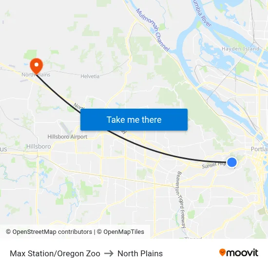 Max Station/Oregon Zoo to North Plains map
