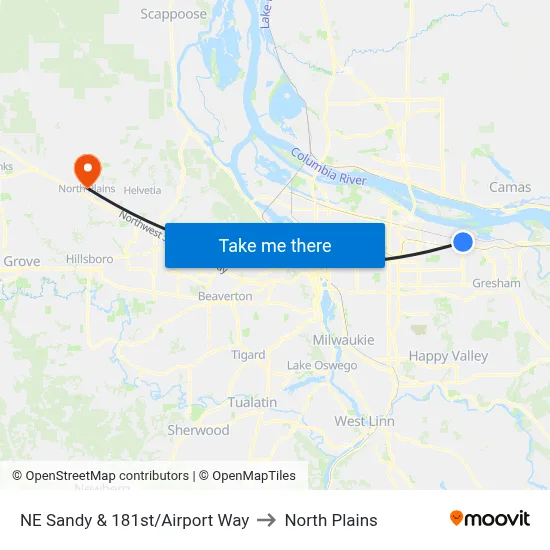 NE Sandy & 181st/Airport Way to North Plains map