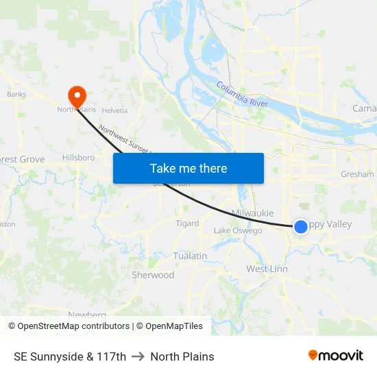 SE Sunnyside & 117th to North Plains map
