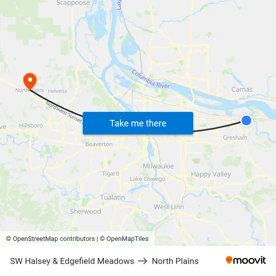 SW Halsey & Edgefield Meadows to North Plains map