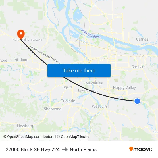 22000 Block SE Hwy 224 to North Plains map
