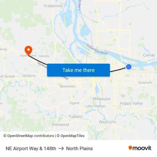 NE Airport Way & 148th to North Plains map