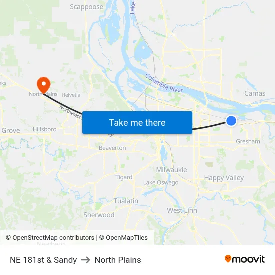 NE 181st & Sandy to North Plains map