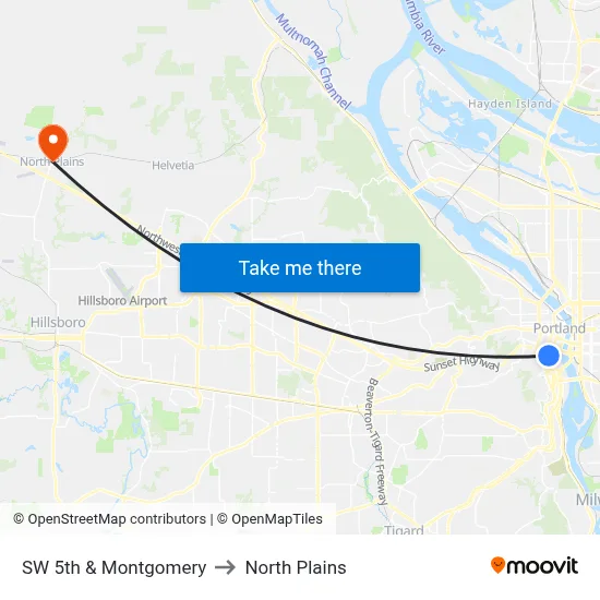 SW 5th & Montgomery to North Plains map