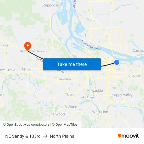 NE Sandy & 133rd to North Plains map