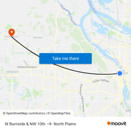 W Burnside & NW 10th to North Plains map