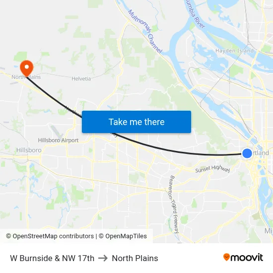 W Burnside & NW 17th to North Plains map