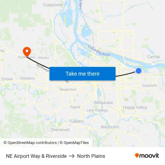 NE Airport Way & Riverside to North Plains map