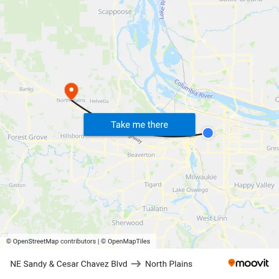 NE Sandy & Cesar Chavez Blvd to North Plains map