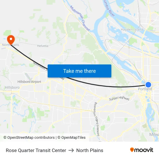 Rose Quarter Transit Center to North Plains map