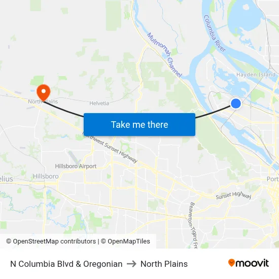 N Columbia Blvd & Oregonian to North Plains map
