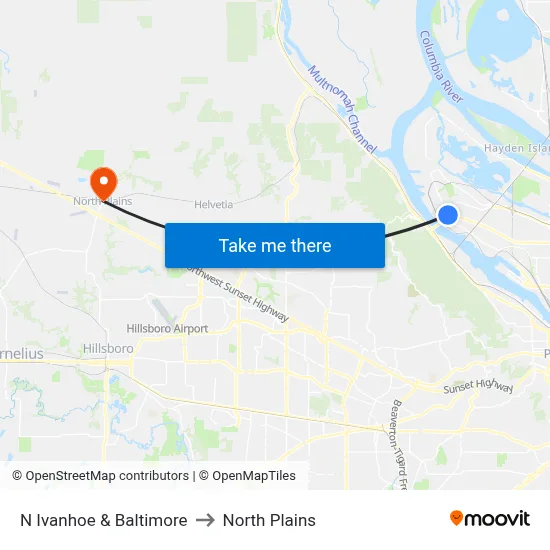 N Ivanhoe & Baltimore to North Plains map