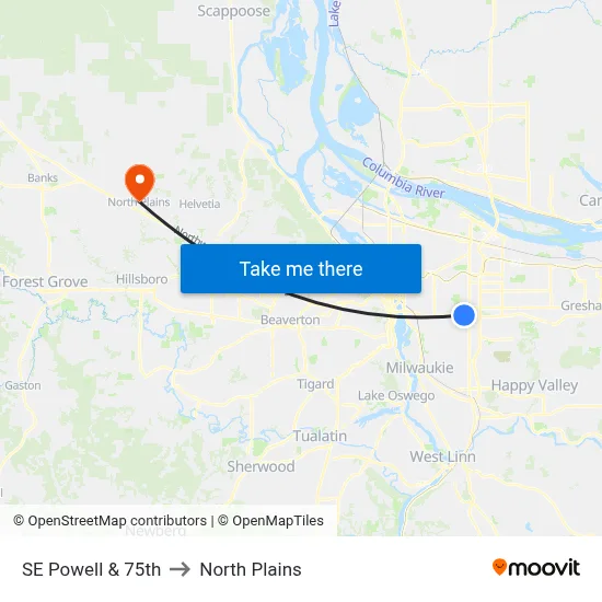 SE Powell & 75th to North Plains map