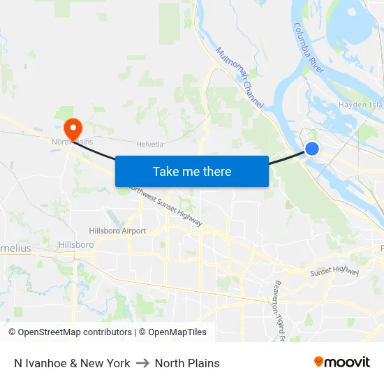 N Ivanhoe & New York to North Plains map