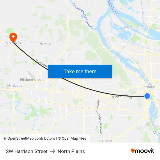 SW Harrison Street to North Plains map