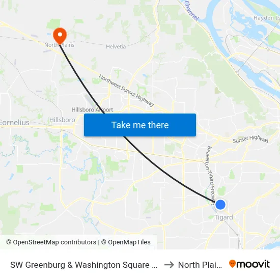 SW Greenburg & Washington Square Rd to North Plains map