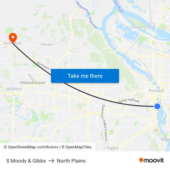 S Moody & Gibbs to North Plains map