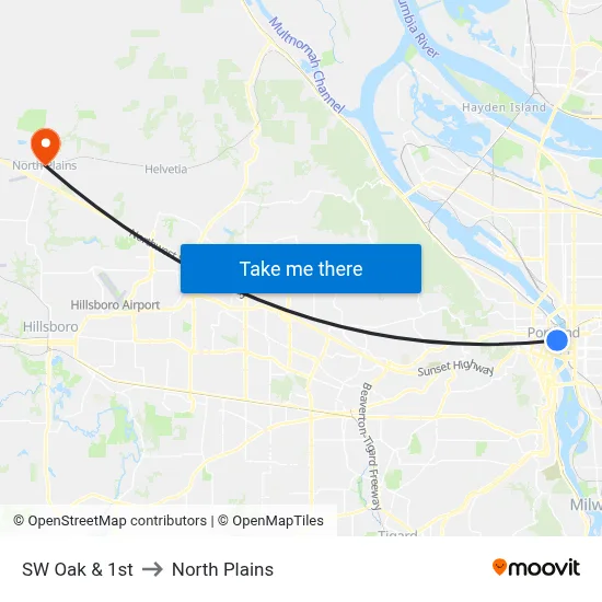 SW Oak & 1st to North Plains map