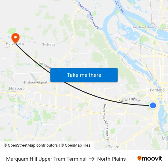 Marquam Hill Upper Tram Terminal to North Plains map