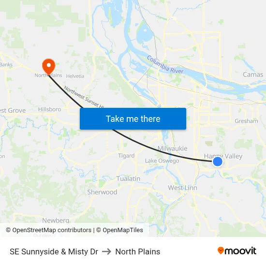 SE Sunnyside & Misty Dr to North Plains map
