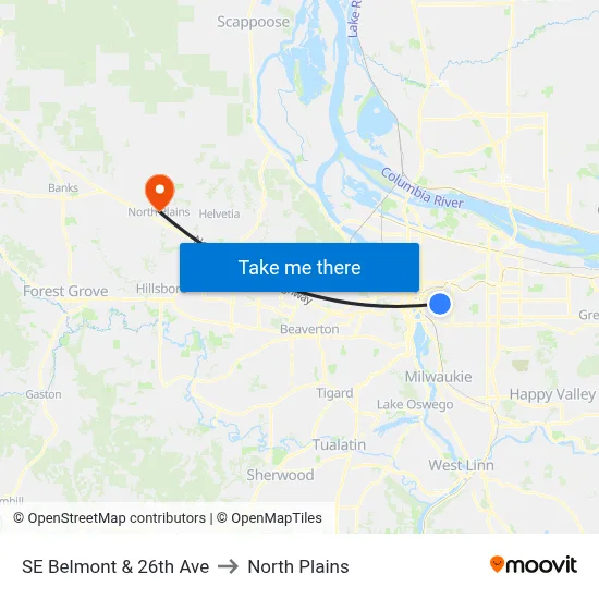 SE Belmont & 26th Ave to North Plains map