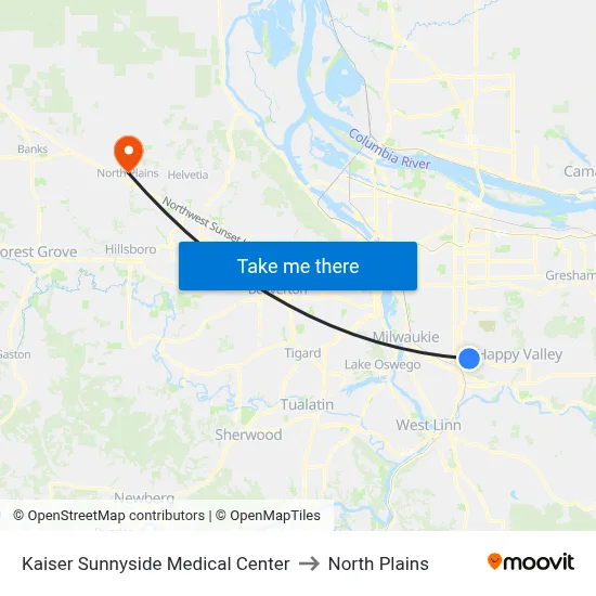 Kaiser Sunnyside Medical Center to North Plains map