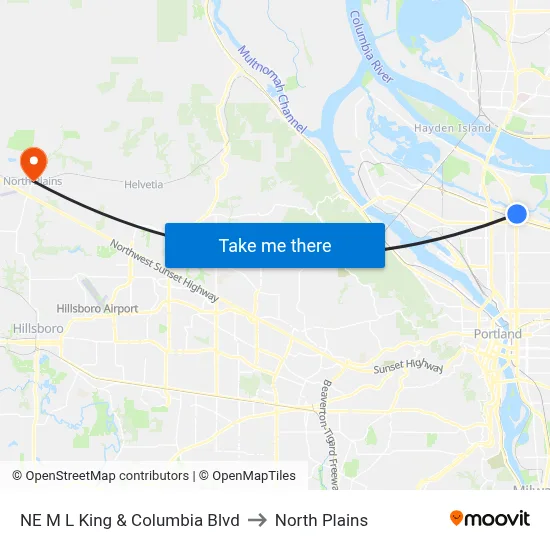 NE M L King & Columbia Blvd to North Plains map