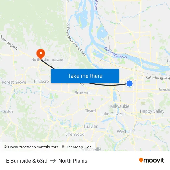E Burnside & 63rd to North Plains map