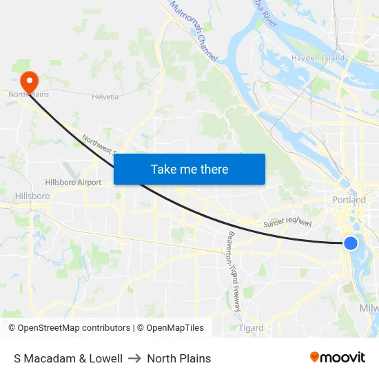 S Macadam & Lowell to North Plains map