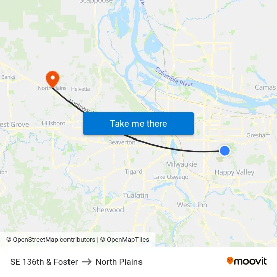 SE 136th & Foster to North Plains map