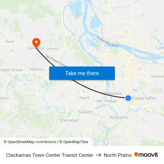 Clackamas Town Center Transit Center to North Plains map
