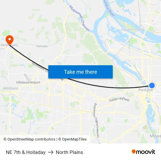 NE 7th & Holladay to North Plains map