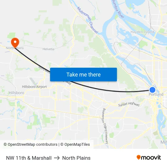 NW 11th & Marshall to North Plains map