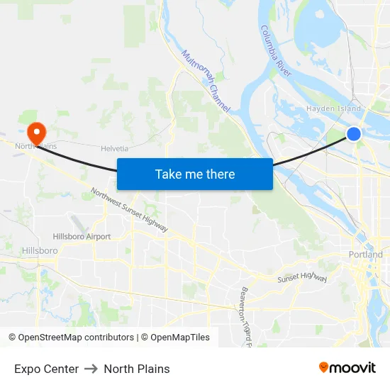 Expo Center to North Plains map