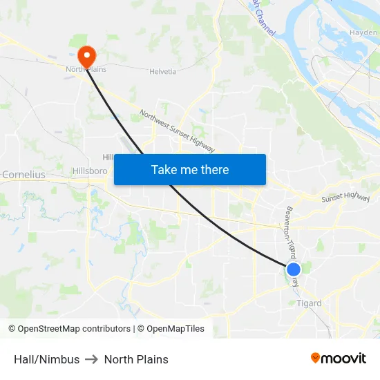 Hall/Nimbus to North Plains map