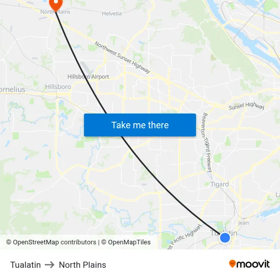 Tualatin to North Plains map