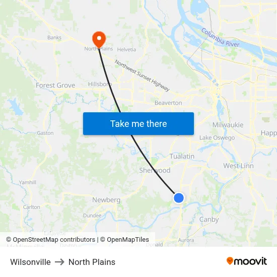 Wilsonville to North Plains map