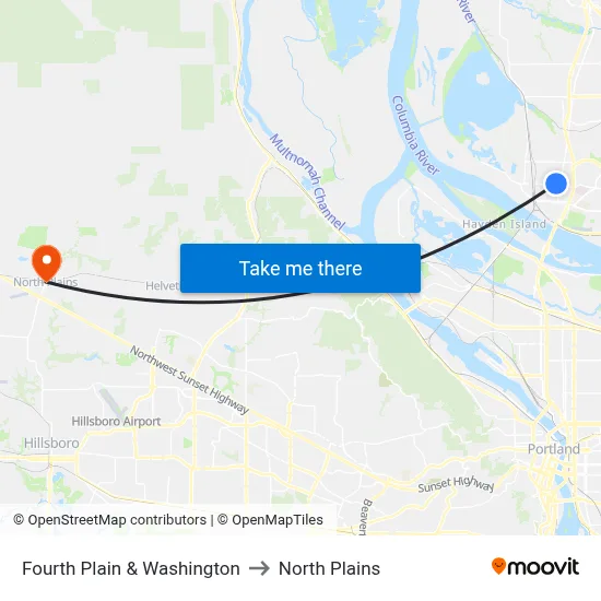 Fourth Plain & Washington to North Plains map