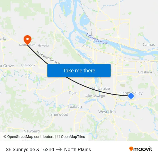 SE Sunnyside & 162nd to North Plains map