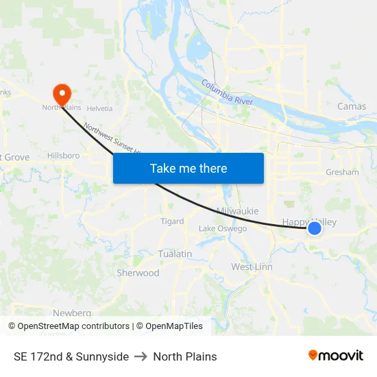 SE 172nd & Sunnyside to North Plains map