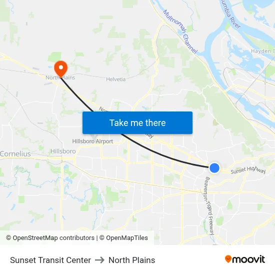 Sunset Transit Center to North Plains map