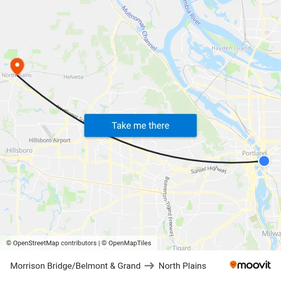 Morrison Bridge/Belmont & Grand to North Plains map